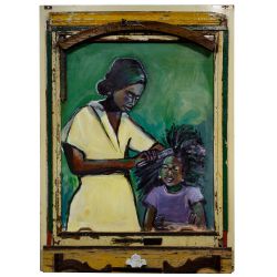 Wayne Manns (American, 20th Century) "Mother and Daughter" Acrylic and Found Objects on Panel