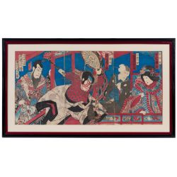 Toyohara Kunichika (Japanese, 1835-1900) "Ichikawa Danjuro as Watonai..." Woodblock Triptych