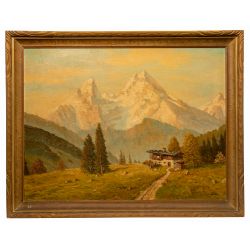 J. Lobis (European, 1875-1905) "The Bavarian Alps" Oil Painting on Board