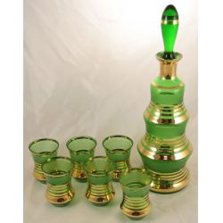 Decanter with Stopper and Six (6) Glasses Green Glass with Gold Trim