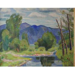 Laura Hoernig (American, 20th century), "Mountain Lake" oil painting on canvas.