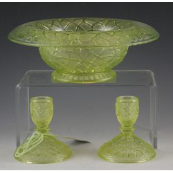 Pair of Imperial vaseline soda gold pattern footed candlesticks. ca. 1920 - 1930