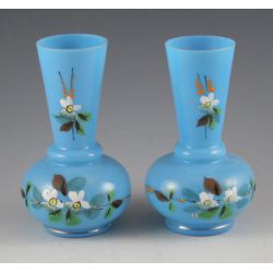 Bristol glass hand-painted floral bud vases. ca. Late 19th century