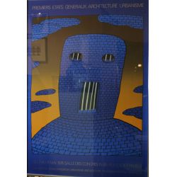 French urban architecture poster showing a blue man constructed of bricks