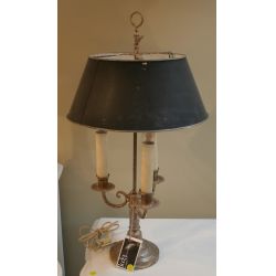 Silvered metal Bouillotte candleabra lamp with Black tole shade.
