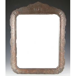 Rococo style, arched repousse silverplate on copper framed mirror.