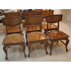 Set of Six Teak Side Chairs with Floral Carving & Brass Inlay.