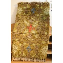 Scandinavian Rya Shag Pile 24 x 43 Hooked Rug of Olive/Rust with accents of blue