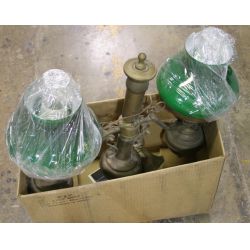Colonial style double-arm brass student hanging light fixture with green cased g
