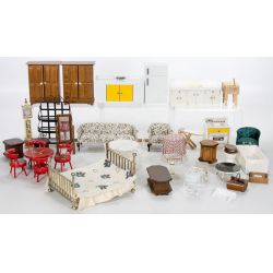 Collection of Doll House Furniture in Ceramic, Metal, Wood, Cloth