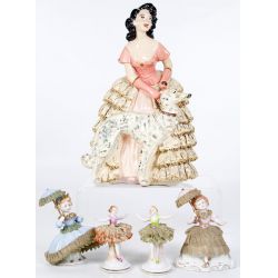 Chalkware & Porcelain Figurines of Ladies in Cloth Lace Skirts (5pcs)