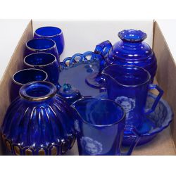 Collection of Blue Glass (11pcs) including Shirley Temple Pitchers & Bowl