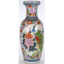 Large Hand Painted Floor Vase with Peacock Design on Floral Background