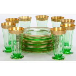 Collection of Cambridge Glass Vaseline and Gold Trim Parfaits Glasses and Plates (20 Pieces)