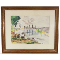 Frances (American) "Old Rock Island Bridge in Joliet" Watercolor on Paper