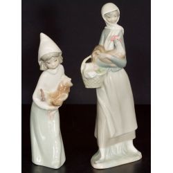Lladro #4591 "Girl w/Cockerel" & #4677 "Girl with Rooster" both Retired