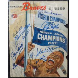 1956 Milwaukee Braves Yearbook Cover Celebrating the 1957 World Championship Over the N.Y. Yankees with Signatures