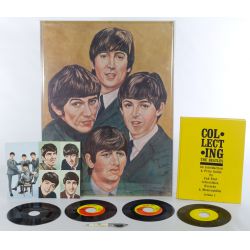Beatles Memorabilia including poster, 45s, postcards, pen, book