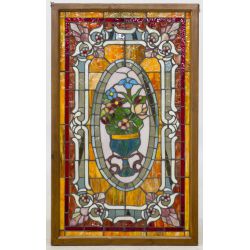Framed Leaded Stained Glass Window with Floral Oval Cartouche