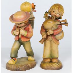 Anri "Boy with Bagpipe" & "Boys with Basket" Wood Carvings (2pcs)
