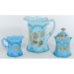 Northwood "Chrysanthemum Sprig" Blue Custard Glass Pitcher, Cream, Sugar