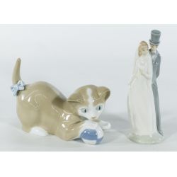 Nao by Lladro "Cat with Ball" & "Wedding Couple" Cake Topper both Glazed