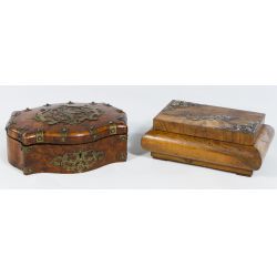19th Century Burled Walnut Cigarros Box and Russian Box with Brass Decor