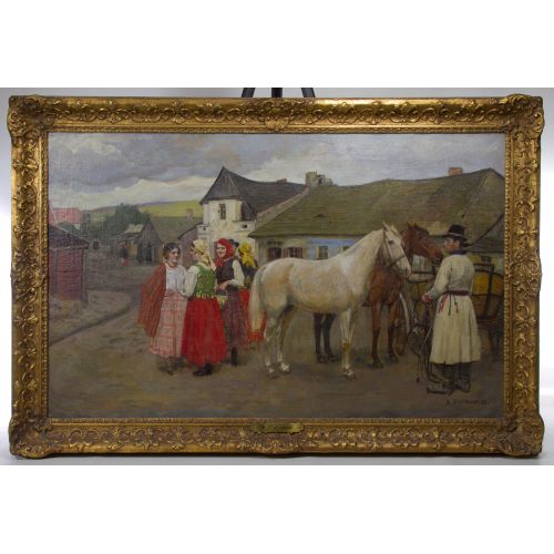 Antoni Piotrowski (Polish, 1853-1924) “Sunday Visitors” Oil on Canvas