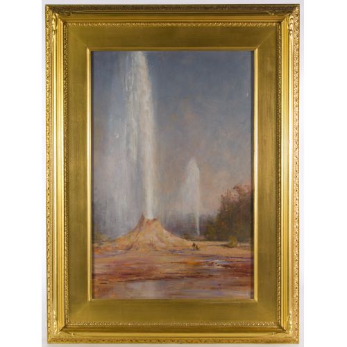 Thomas Hill (American, 1829-1908) “Old Faithful Yellowstone Geyser” Oil on Fiber Board